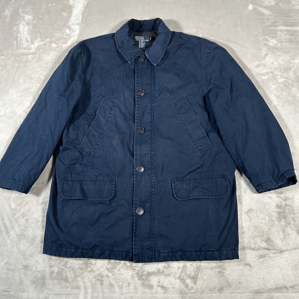 VTG Polo Ralph Lauren Chore Coat Men M Navy Blue Canvas Barn Jacket Fleece Lined